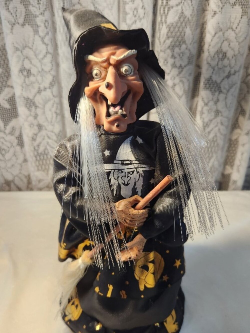 12" Fiber Optic Halloween Witch w/Broom Black Dress w/Gold Pumpkins